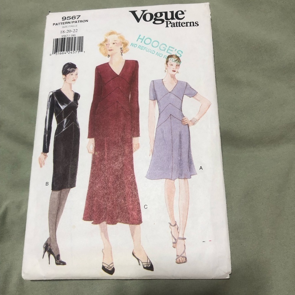 Vogue pattern 9567- sizes 18-20-22- fitted tapered A-line dress